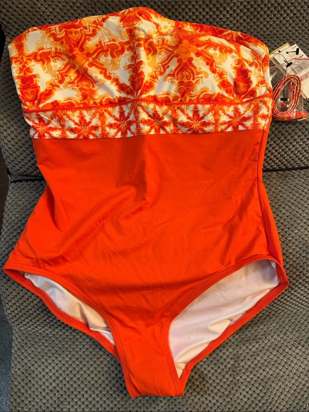 Michael Kors Orange Bandeau One-Piece Swimsuit with Patterned Bust Size 12 NWT